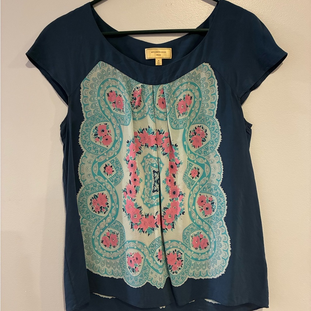 Anthropologie Teal and Pink Blouse
